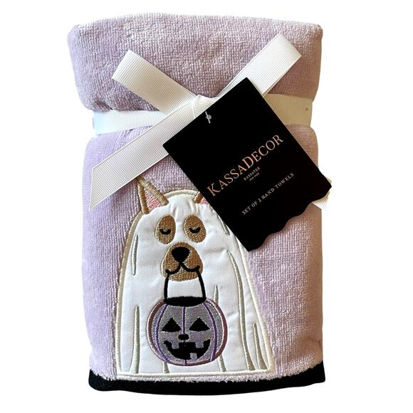 Kassa Decor Halloween Dog Ghost Hand Towels 18x28  Lavender & White Set of 2 NEW - Picture 1 of 12